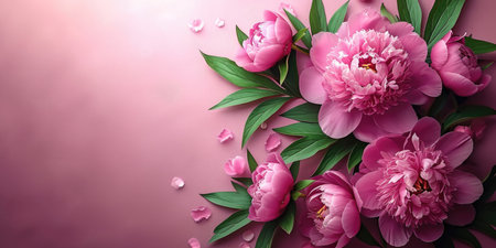 A bunch of pink flowers on a pink background. Digital colorful wallpaper with copy-spaceの素材