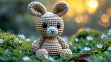 A crocheted bunny sitting in a field of flowers, handcrafted knitted miniature toy.の素材