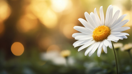 A close up of a white daisy flower with a yellow center, copy-space, place for textの素材