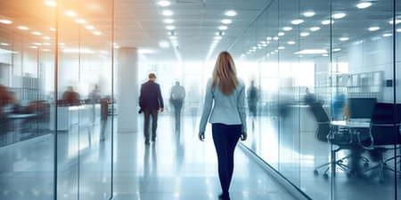 A woman walking through a glass walled hallway, motion blur, blurred unrecognizable people, commuters.の素材