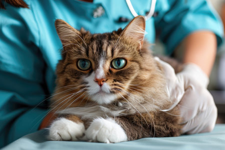 A stripy cat is being examined by a vetの素材