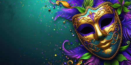 A purple and green mask with purple flowers, Mardi Gras background with purple, green and golden colors.の素材