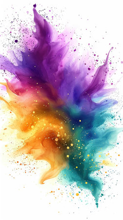 A colorful explosion of powder on a white background, Mardi Gras background with purple, green and golden colors.の素材