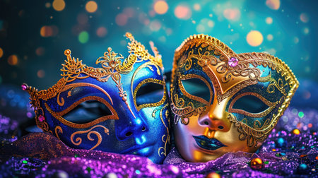A couple of masks sitting next to each other, Mardi Gras masks on background with glitter.の素材