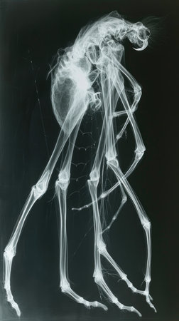 A black and white photo of a skeleton, monochromatic x-ray image on dark backgroundの素材