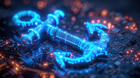 A close up of a blue glowing anchor shape on computer motherboard with a blue lightの素材