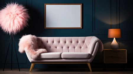 A living room with a pink couch and a lampの素材