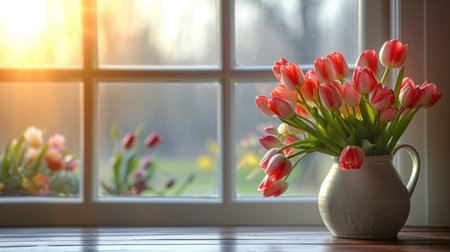 A vase of tulips sitting on a window sillの素材