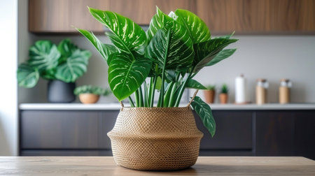 A potted plant sitting on top of a wooden tableの素材