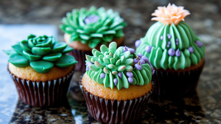 A group of cupcakes with green and purple frosting, cupcakes decorated as succulents and cactus plants.の素材