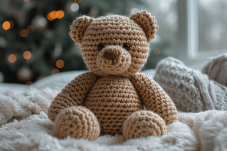 A crocheted toy bear sitting on a bed, handcrafted knitted miniature toy.の素材