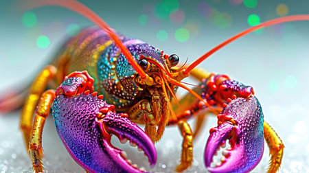 A brightly colored lobster on a white surface, Mardi Gras crawfish.の素材