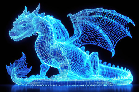 A glowing blue dragon sitting on top of a tableの素材