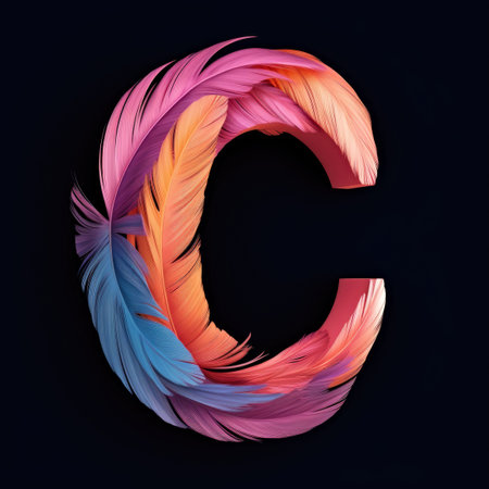 A colorful feathered letter c on a black background on black backgroundの素材