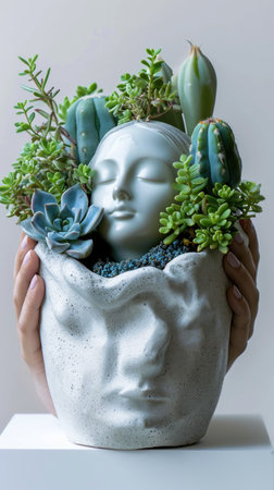 A person holding a plant pot with a face in itの素材