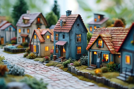 A miniature model of a small town with a cobblestone roadの素材