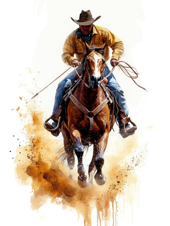 A man riding on the back of a brown horseの素材