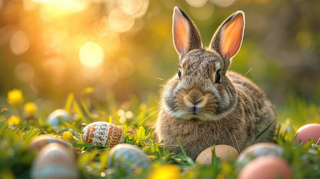 A rabbit sitting in the grass next to eggsの素材