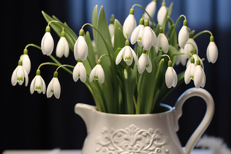 A white pitcher filled with lots of white flowers, early spring flowers, snowdrops.の素材