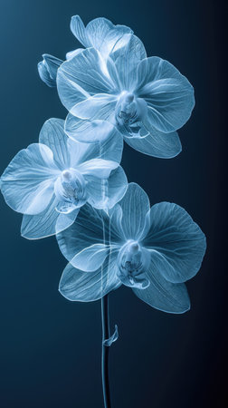 A close up of a flower on a stem, monochromatic x-ray image on dark backgroundの素材