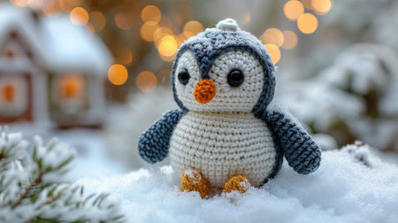 A crocheted penguin sitting in the snow, handcrafted knitted miniature toy.の素材