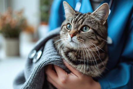 A cat is being held by a vet, stripy tabby cat undergo health checkupの素材
