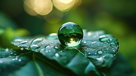 A drop of water sitting on top of a leafの素材