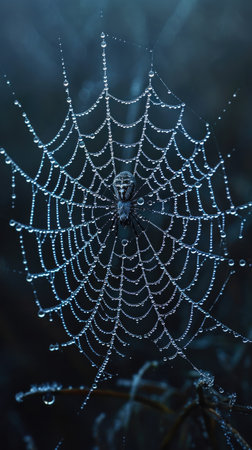 A spider web covered in water dropletsの素材
