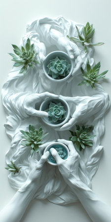 A group of hands holding bowls with succulents, whimsical surreal monochromatic composition with marble handsの素材
