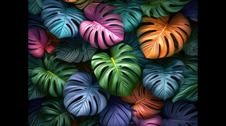 A close up of a bunch of different colored leaves, colorful digital wallpaper, floral background.の素材