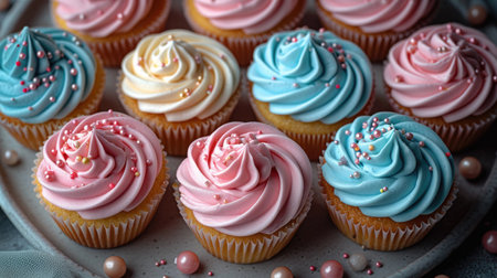 A plate of cupcakes with frosting and sprinklesの素材