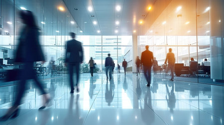 A group of people walking through a lobby, motion blur, blurred unrecognizable people, commuters.の素材