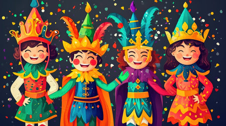 A group of children dressed up as clowns, Mardi Gras children carnivalの素材