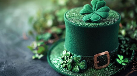 A green hat with a shamrock on top of it, St. Patrick day green background.の素材