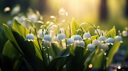 A close up of a bunch of flowers in the sun, lily of the valley spring on spring background outdoors.の素材