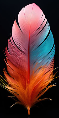 A close up of a colorful feather on a black backgroundの素材