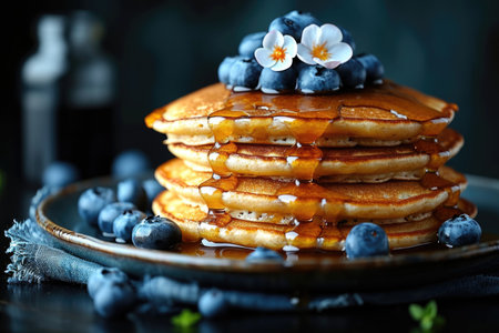 A stack of pancakes topped with blueberries and syrupの素材
