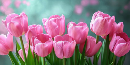 A bunch of pink tulips in a vase, spring background, mothers day panoramic banner.の素材