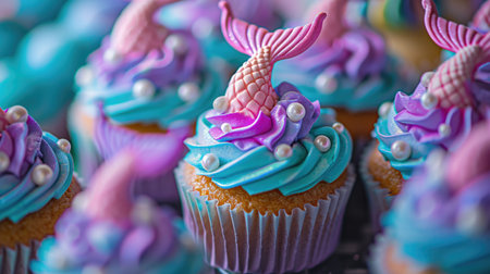 A close up of cupcakes with purple and blue frosting. Mermaid cupcakes with pearl decor.の素材