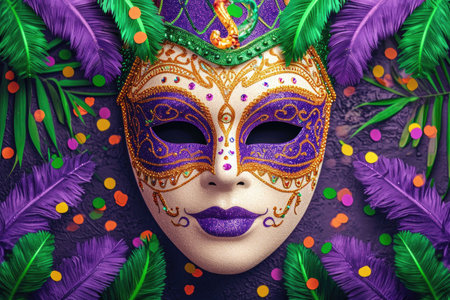 A close up of a mask with feathers, Mardi Gras background with purple, green and golden colors.の素材