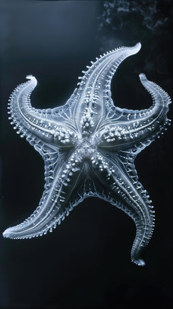 A close up of a starfish in the water, monochromatic x-ray image on dark backgroundの素材