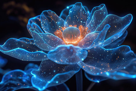 A close up of a flower with blue lights Artificial glowing object, software visualization.の素材