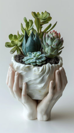 A hand holding a planter with succulents in itの素材