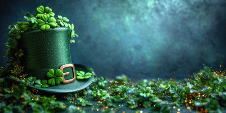 A green hat sitting on top of a lush green field, St. Patrick day green background with copy-spaceの素材