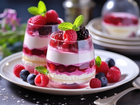 Two desserts on a plate with berries and mint leaves, Valentines day desserts.の素材