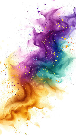 A colorful explosion of paint on a white background, Mardi Gras background with purple, green and golden colors.の素材