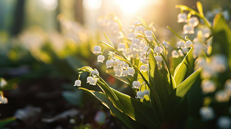 A close up of a bunch of flowers in the sun, lily of the valley spring on spring background outdoors.の素材
