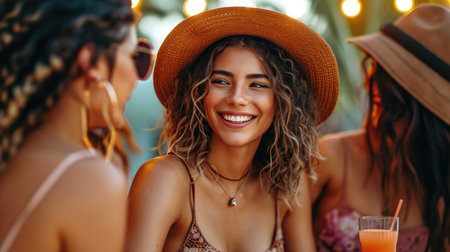 A woman with a straw hat smiles at the camera, summer party, fun outdoors in the evening.の素材