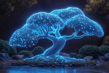 A blue tree is lit up in the dark Artificial glowing object, software visualization.の素材