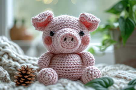 A crocheted pig sitting on a bed next to a pine cone, handcrafted knitted miniature toy.の素材